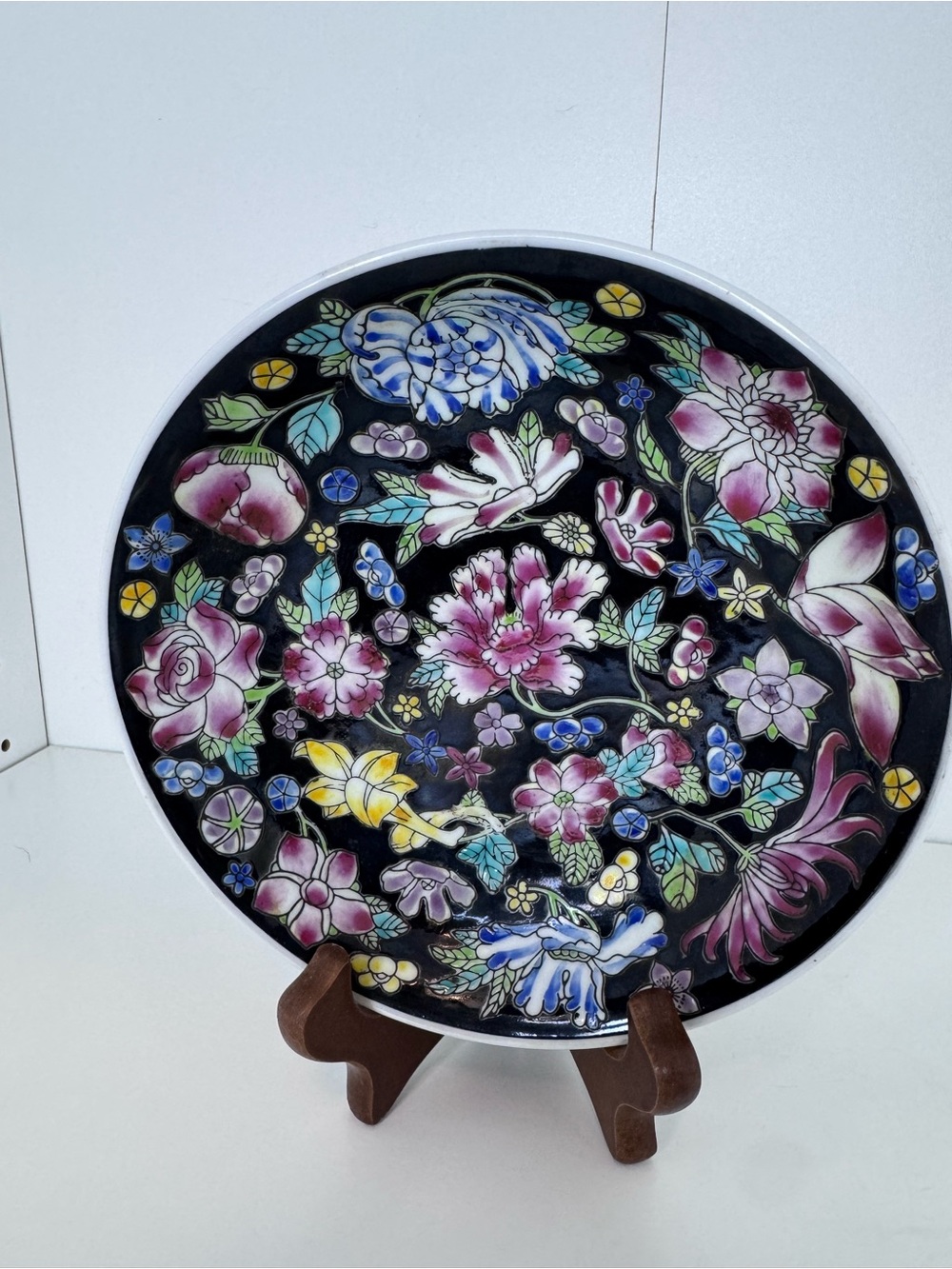 Vintage Jingdezhen Famille Noire Millefleurs Porcelain Bowl 6" Factory 09 Stand